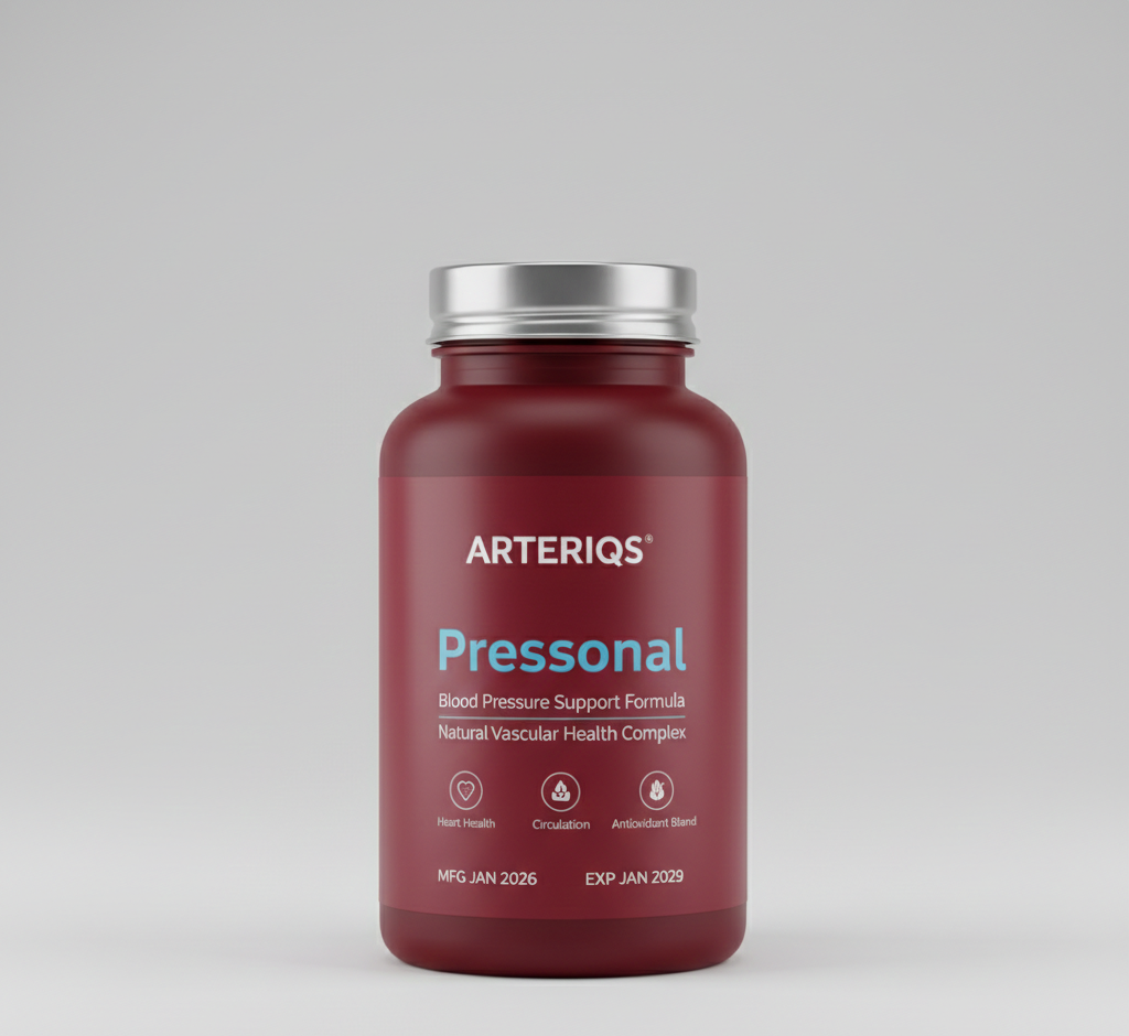 Přírodní doplněk stravy Pressonal v elegantní lahvičce s rostlinnými extrakty pro podporu kardiovaskulárního zdraví, realistický produktový snímek na neutrálním pozadí